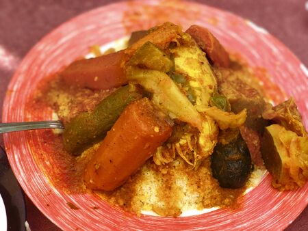 Couscous with vegetables and chicken in Marrakech,Morocco.destinationの写真素材
