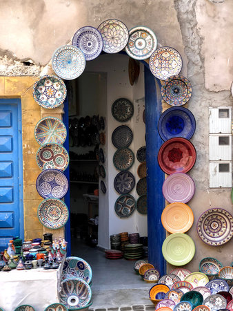 Morocco, Essaouira. August 2018. Moroccan pottery in Medina of Essaouira.Colorful ceramics and...