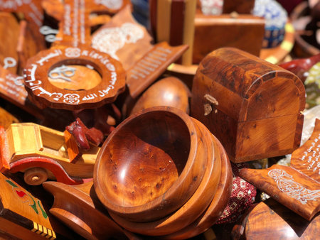 Sale of wooden souvenirs on the streets of the old city ,