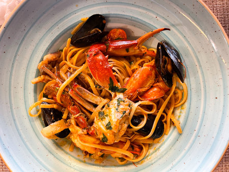 restaurant food delivery. Pasta spaghetti with seafood mussels.の写真素材