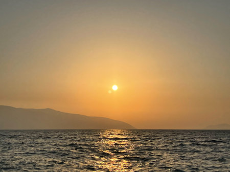 Beautiful scenic sunset over Ionian sea in Vlore Albania. Copy space.