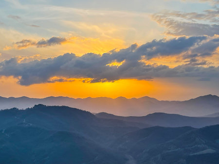Colorful sunset on top of Albanian mountains. Holidays concept.の写真素材
