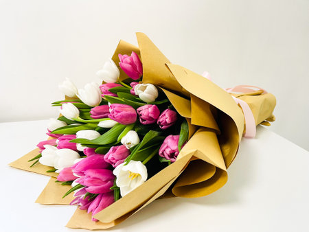 Bouquet of white and pink spring tulips flowers for present.の写真素材