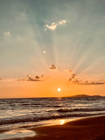 Beautiful scenic sunset over Sea Of Candia in Crete, Greeceの写真素材