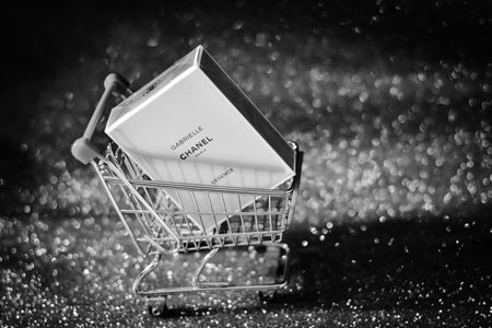 Concept of online shopping cosmetics on a green background,のeditorial素材