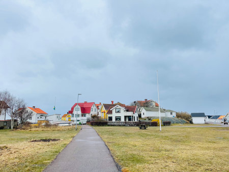 A view of red wooden houses on Vrango Archipelago island .のeditorial素材
