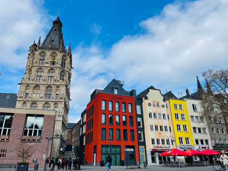 old market square with historic statue in Koln. Visit Germany.のeditorial素材