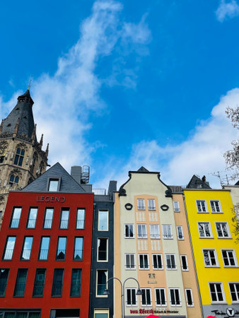 old market square with historic statue in Koln. Visit Germany.のeditorial素材
