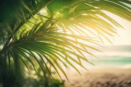 Generative Ai illustration. Nature green palm leaf ,tropical beach.の素材