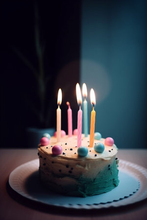 Delicious birthday cake with burning candles on the table .の素材