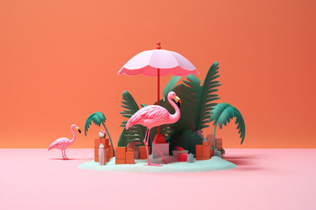 Generative Ai Illustration. Tropical background with pink flamingo.の素材