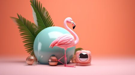 Generative Ai Illustration. Tropical background with pink flamingo.の素材