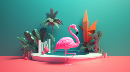 Generative Ai Illustration. Tropical background with pink flamingo.の素材