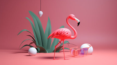 Generative Ai Illustration. Tropical background with pink flamingo.の素材