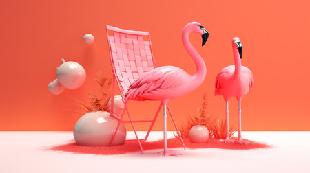 Generative Ai Illustration. Tropical background with pink flamingo.の素材