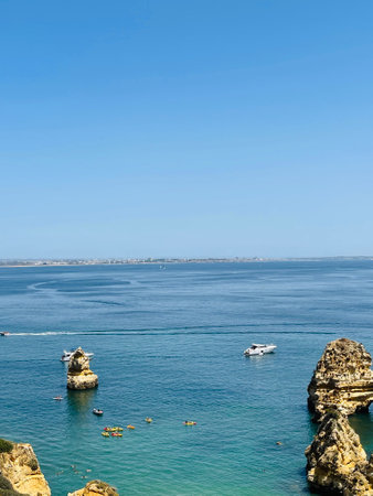 Rocks and sandy beach in Portugal, Lagosの写真素材