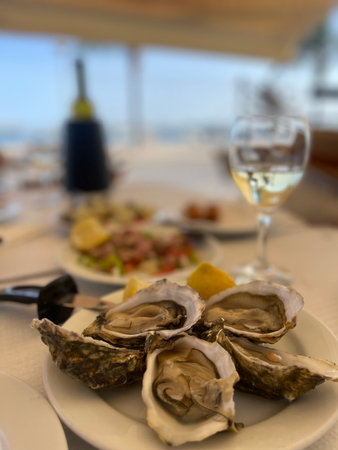 Fresh oysters and white wine on a wooden table, Algarve, Portugal