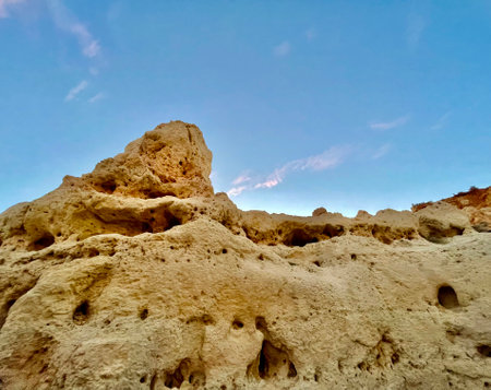 Reef formation from sandstone on the coast.Algar Seco, Carvoeiro.の写真素材