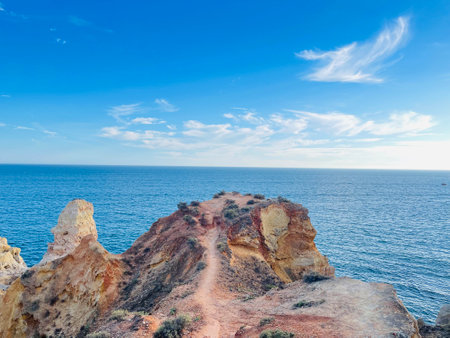 Reef formation from sandstone on the coast.Algar Seco, Carvoeiro.の写真素材