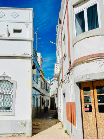 A typical street on Olhao, a city on Algarve region, Portugal.のeditorial素材