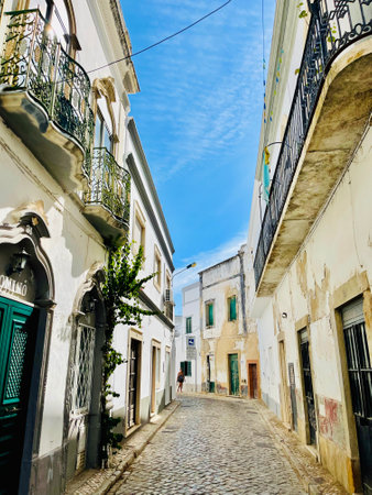 A typical street on Olhao, a city on Algarve region, Portugal.のeditorial素材