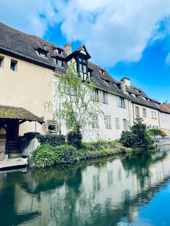 Urban medieval landscape of Alsace, water canal Colmar, France.