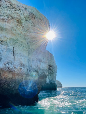 View of strong waves hitting the rock at Sagres, Algarve, Portugal.の写真素材