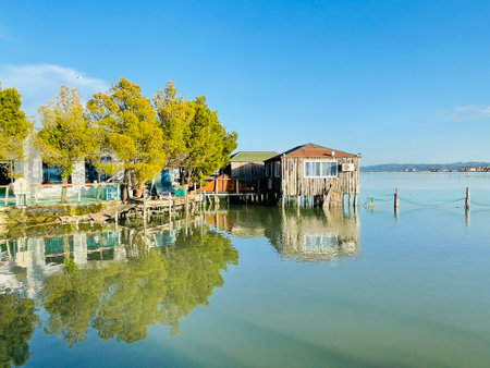 Tranquil landscape of lake water. Nature background. copy spaceの写真素材