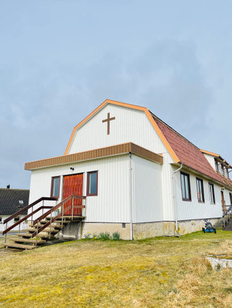 A view of red wooden houses on Vrango Archipelago island .の写真素材