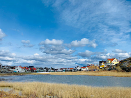 A view of red wooden houses on Donso Archipelago island .の写真素材