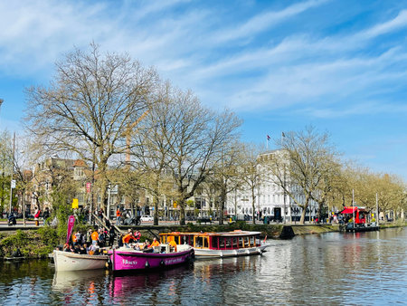 Traditional boats and canals in Amsterdam, Netherlands, Europeの写真素材