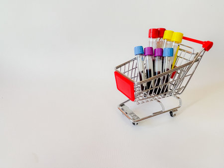 Some vacutainers with analysis in a shopping basket.の写真素材