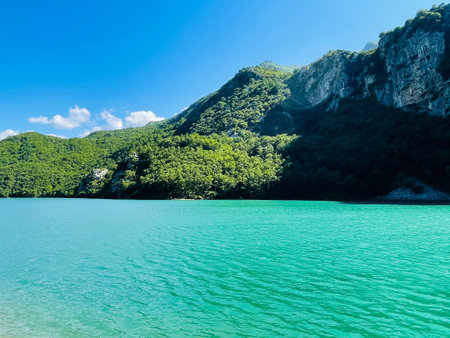 Peaceful landscape view of lake in Mat, Albaniaの写真素材