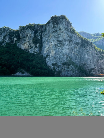 Peaceful landscape view of lake in Mat, Albaniaの写真素材