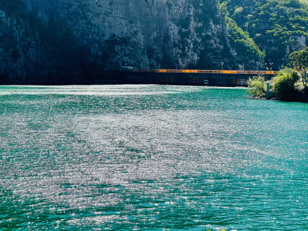 Peaceful landscape view of lake in Mat, Albaniaの写真素材