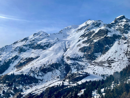 Panoramic snow view in ski resort, France. Alps mountainsの写真素材