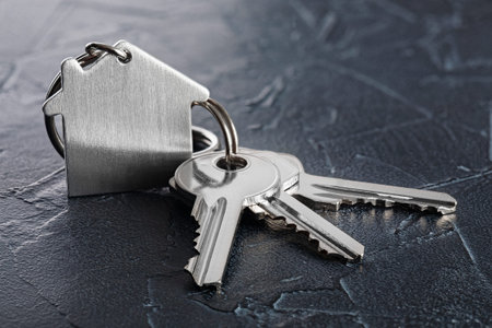 estate concept with key, keychain with house symbol, stone backgroundの写真素材