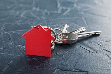 estate concept with key, red keychain with house symbol, concreteの写真素材
