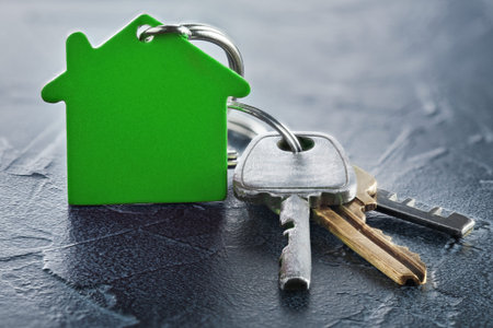 estate concept with key, green keychain with house symbol, ecotechnologies
