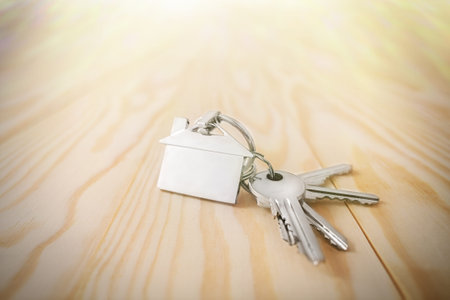 estate concept, keychain with house symbol, key on wooden background