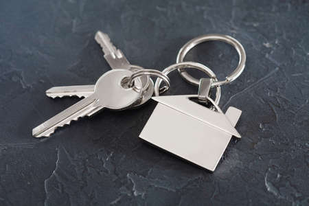 estate concept with key, keychain with house symbol, stone backgroundの写真素材