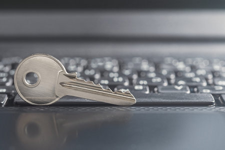 Key lock on PC keyboard. Ð¡oncept of computer security and protection of personal data on...