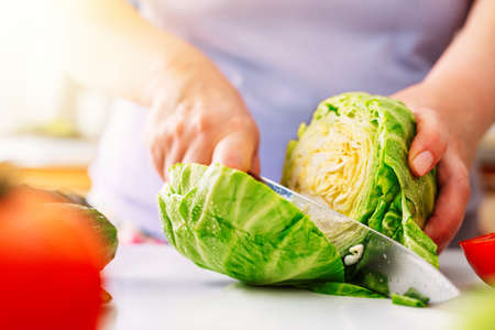 Chef slicing vegetables and cabbage on the table in restaurant. Process of cutting and preparation food in kitchen.の写真素材