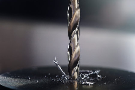 metal drill bit make holes in steel billet on industrial drilling machine. Metal work industry....