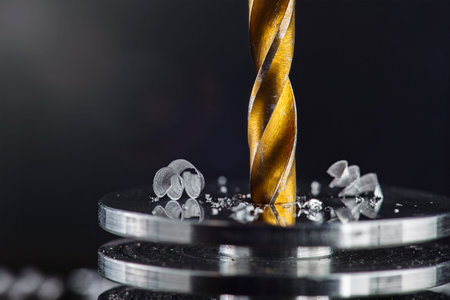 metal drill bit make holes in aluminum billet on industrial drilling machine with shavings. Metal...