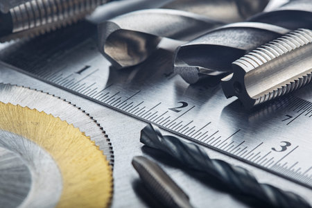 set of different drill bits, thread taps and mill cutters with ruler on steel plate background....