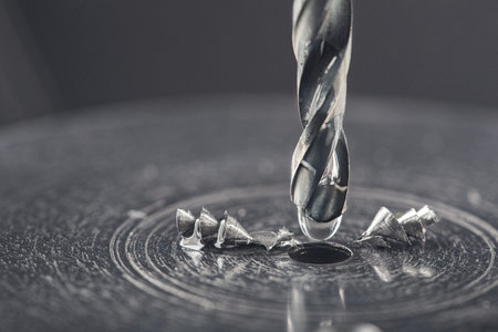 metal drill bit make holes in steel billet with lubricating liquid on industrial drilling machine....