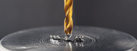 metal drill bit make holes in steel billet with lubricating liquid on industrial drilling machine. Metal work industry and locksmith work.の写真素材