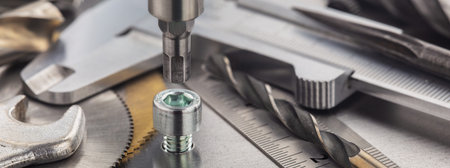 Hex drill bit screw hex bolt in metal steel plate with ruler and caliper. Spanner, bolt, screw and...