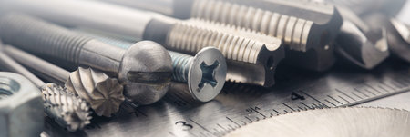 set of different nuts, bolts, screws, washers and drill bits, thread tap and mill cutters on steel...